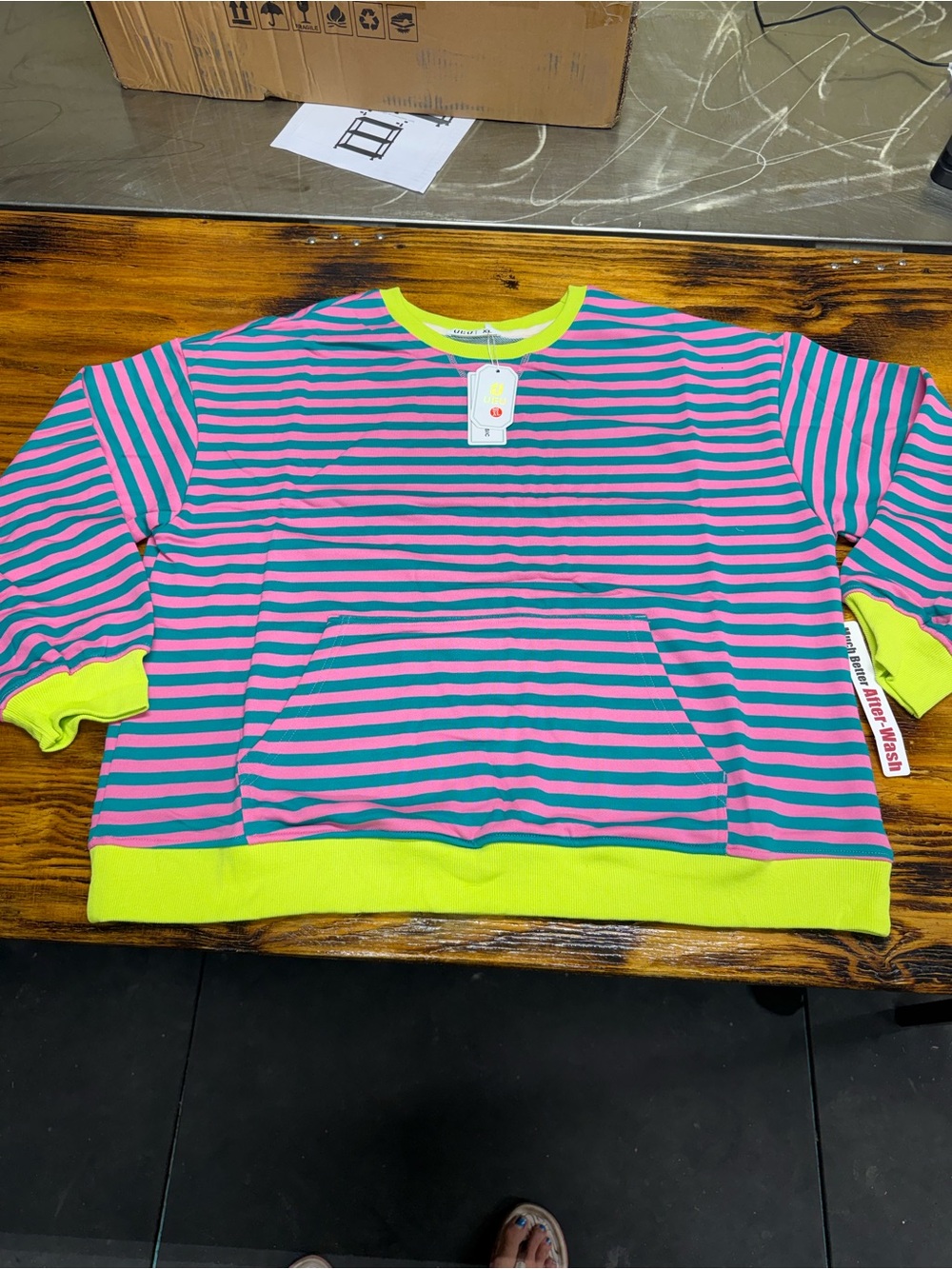 Womens Neon Trim Striped Pullover Sweatshirt - Pink & Teal